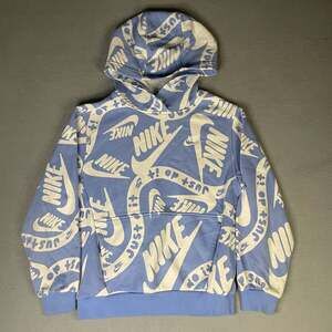 Nike Sportswear Club Blue & White All-Over Logo Print Pullover Hoodie youth M